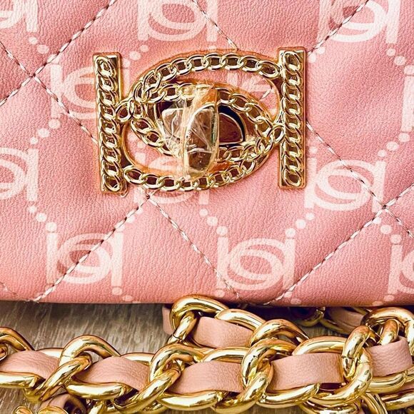 NWT BEBE Gorgeous Pink logo Liv Signature quilted gold chain Crossbody bag
